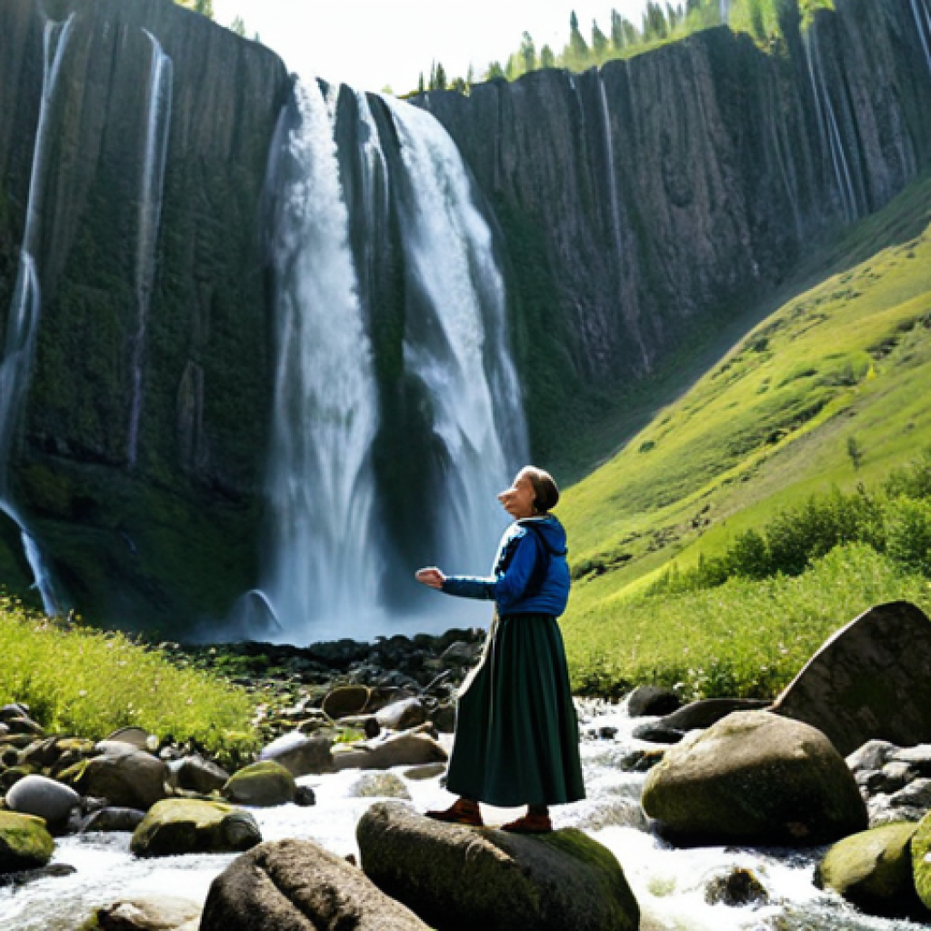 폭포를 배경으로 한 유명 그림 - "A fully clothed woman in a modest, professional hiking outfit stands in awe before a majestic water...