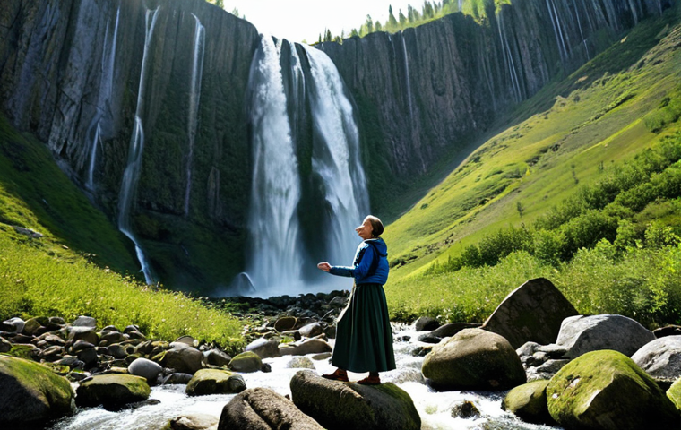 폭포를 배경으로 한 유명 그림 - "A fully clothed woman in a modest, professional hiking outfit stands in awe before a majestic water...