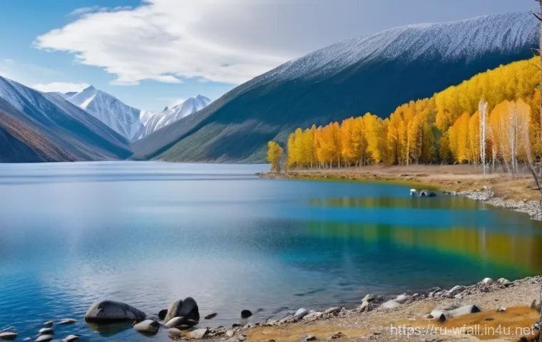 폭포와 호수 여행 코스 - **A Serene Russian Lake Landscape:**
A breathtaking panoramic view of a vast, pristine Russian l...