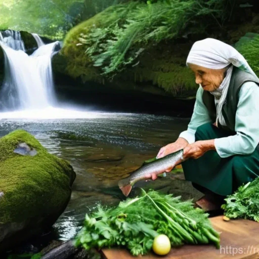 폭포 주변에서 먹을 수 있는 특산물 - **Prompt:** A serene and picturesque scene showcasing the preparation of fresh mountain trout by a l...