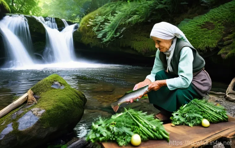 폭포 주변에서 먹을 수 있는 특산물 - **Prompt:** A serene and picturesque scene showcasing the preparation of fresh mountain trout by a l...
