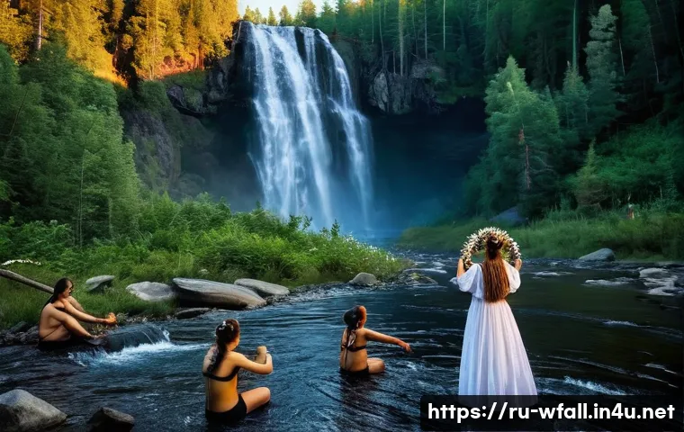 폭포 주변의 전통 축제 - **"Ivan Kupala Night Celebration at a Karelian Waterfall"**: A magical summer night scene by a power...