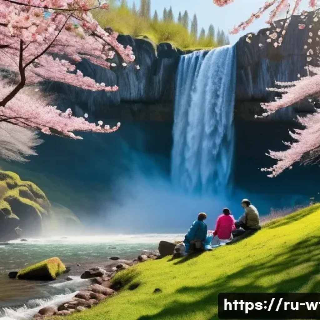 폭포 주변 벚꽃 명소 - A serene spring morning scene at a Russian waterfall surrounded by blooming sakura trees, soft sunli...
