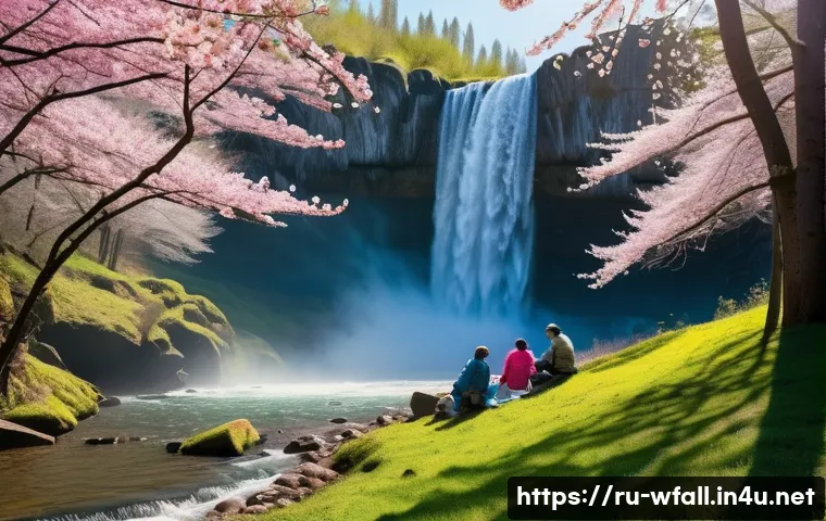 폭포 주변 벚꽃 명소 - A serene spring morning scene at a Russian waterfall surrounded by blooming sakura trees, soft sunli...