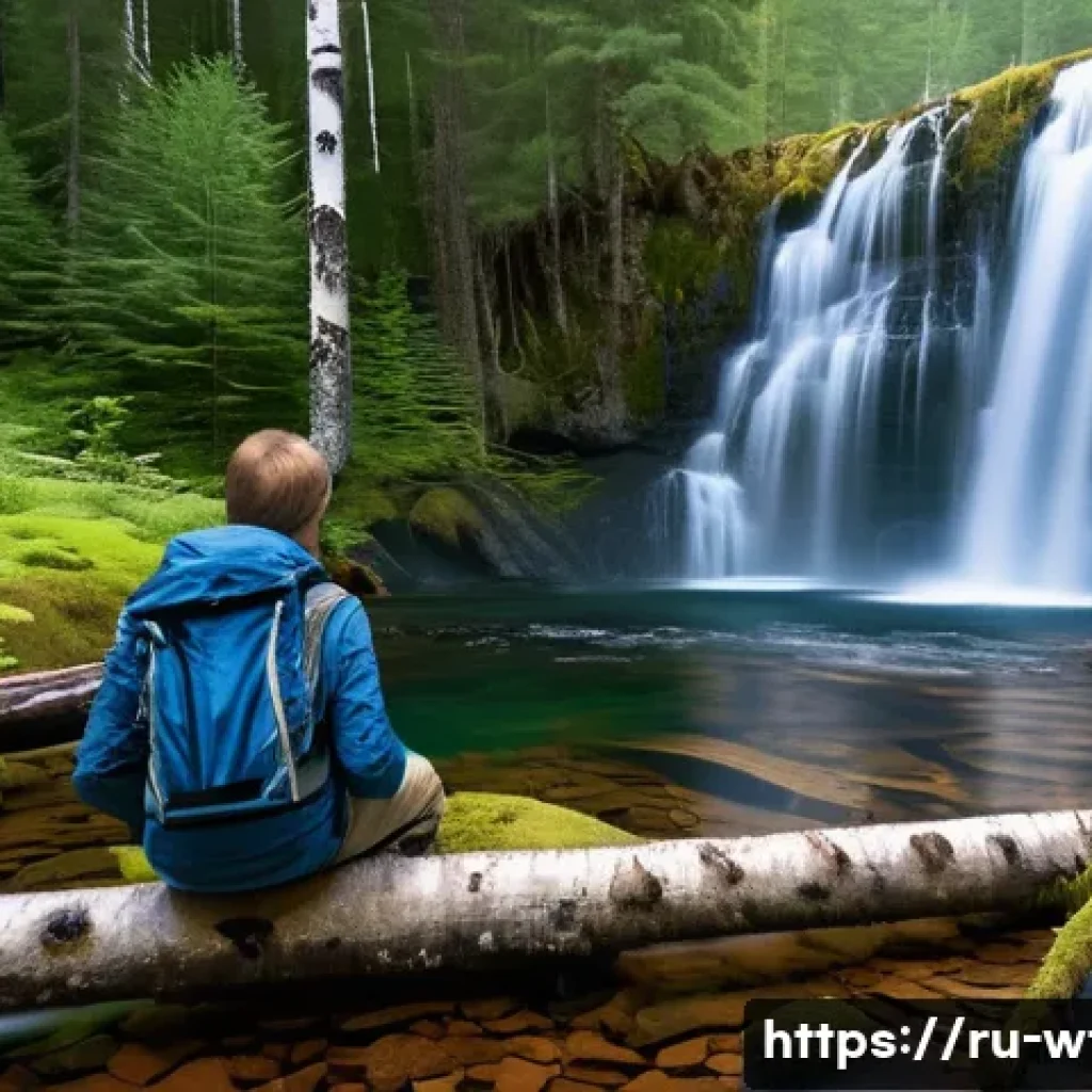 폭포가 있는 비밀 여행지 - A serene hidden waterfall deep within the dense Ural forest, surrounded by lush green pine and birch...