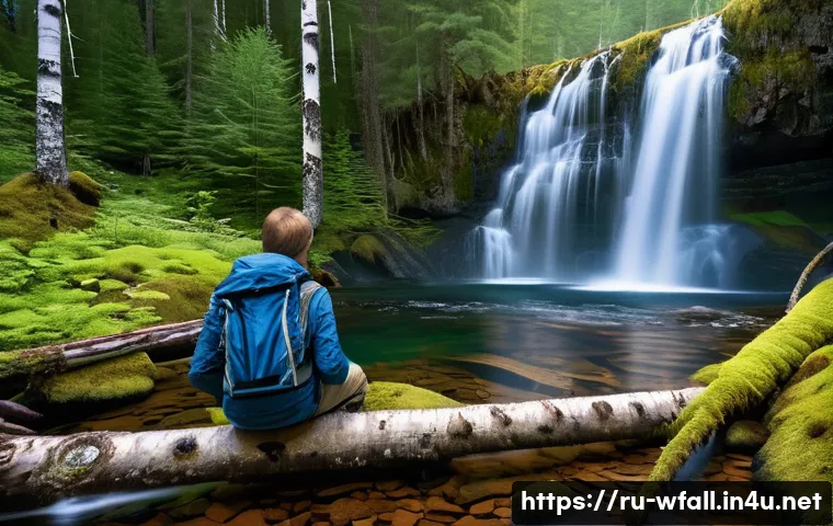 폭포가 있는 비밀 여행지 - A serene hidden waterfall deep within the dense Ural forest, surrounded by lush green pine and birch...