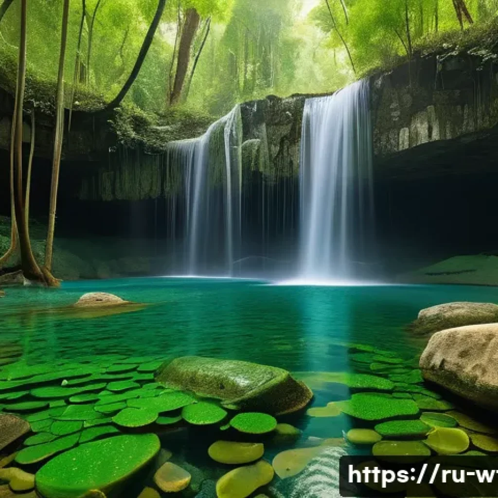 폭포 속 광물과 성분 - A vibrant waterfall scene in a lush forest environment showcasing crystal-clear water flowing over l...