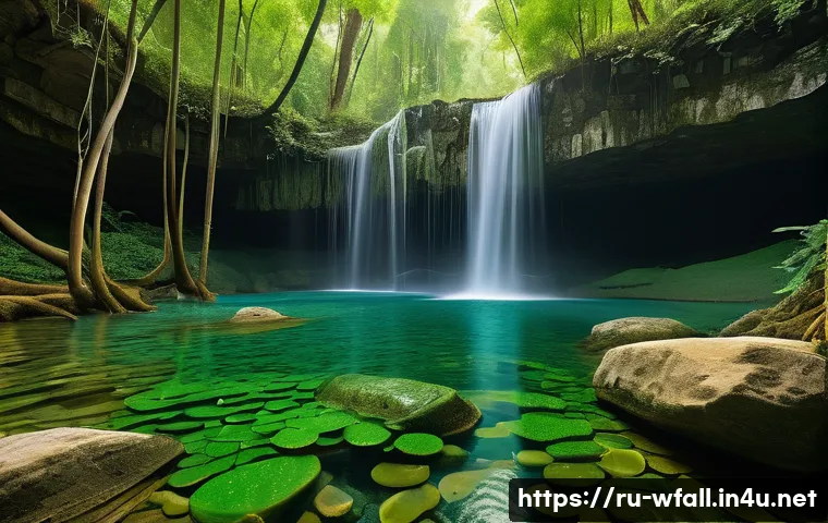 폭포 속 광물과 성분 - A vibrant waterfall scene in a lush forest environment showcasing crystal-clear water flowing over l...