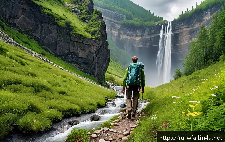 폭포 탐방 초보자를 위한 가이드 - A scenic hiking trail near a powerful Caucasian waterfall in Russia, featuring a well-marked path wi...