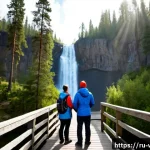 폭포가 포함된 패키지 여행 상품 - Photorealistic premium package tour scene at Ruskeala Mountain Park, Karelia, Russia: a small group ...