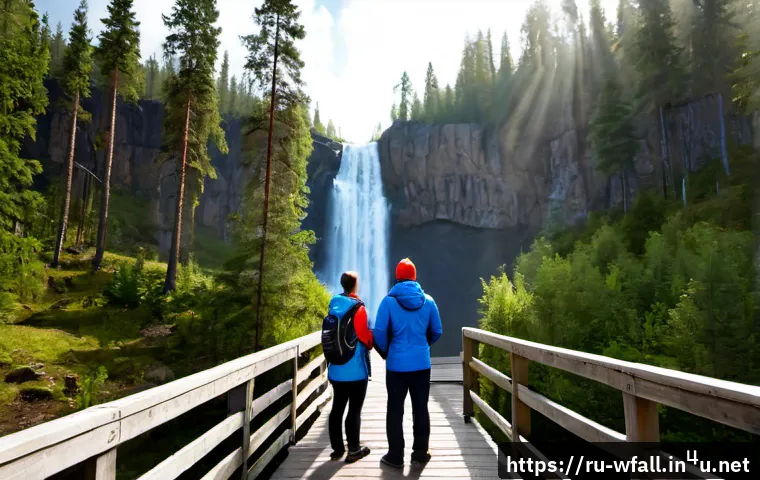 폭포가 포함된 패키지 여행 상품 - Photorealistic premium package tour scene at Ruskeala Mountain Park, Karelia, Russia: a small group ...