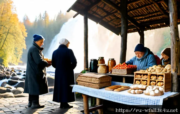 폭포 주변 전통시장 탐방 - Photorealistic morning scene at a traditional Russian open-air market beside a forest waterfall, woo...