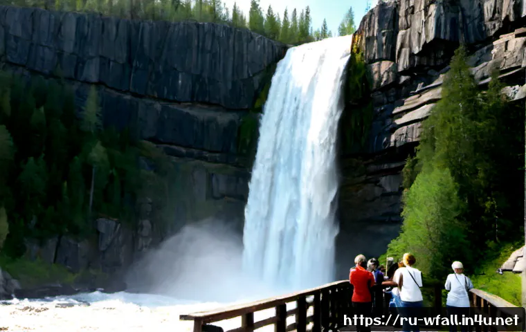 폭포의 관광 산업적 가치 - Photorealistic wide view of Kivach Waterfall in Karelia, Russia, powerful white water cascading thro...