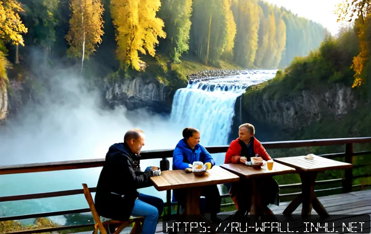 Home 17 폭포 주변 카페 추천 - Photorealistic riverside café terrace beside a broad forest waterfall in the Russian Caucasus, warm ...
